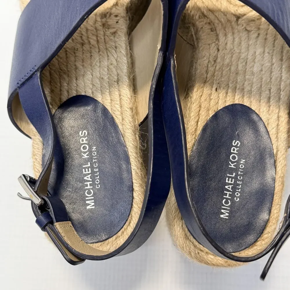 Michael Kors Collection Sandals Womens Size 8 Blue Leather Espadrille Wedge